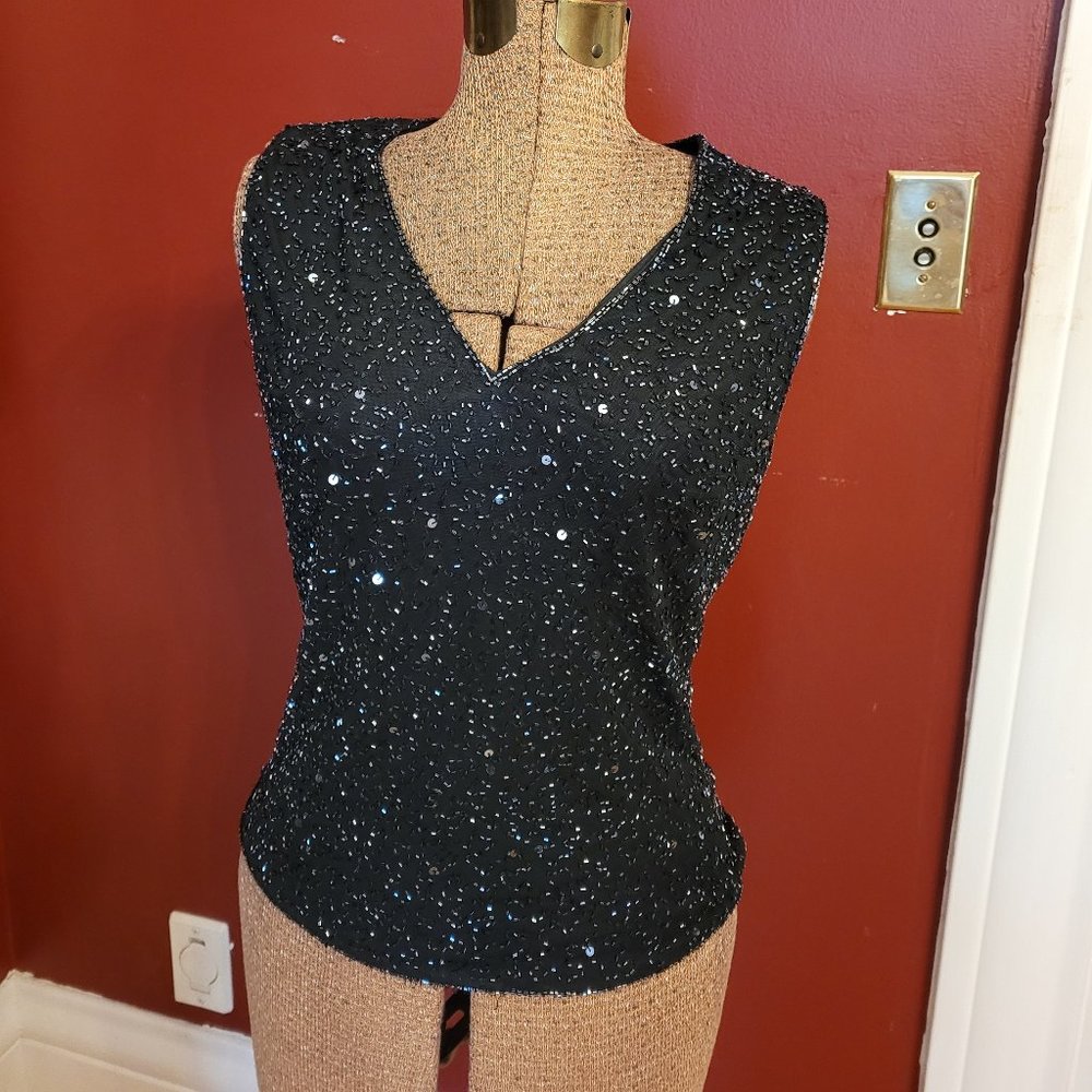 Laurence Kazar Black Beaded V-Neck Sleeveless Top
